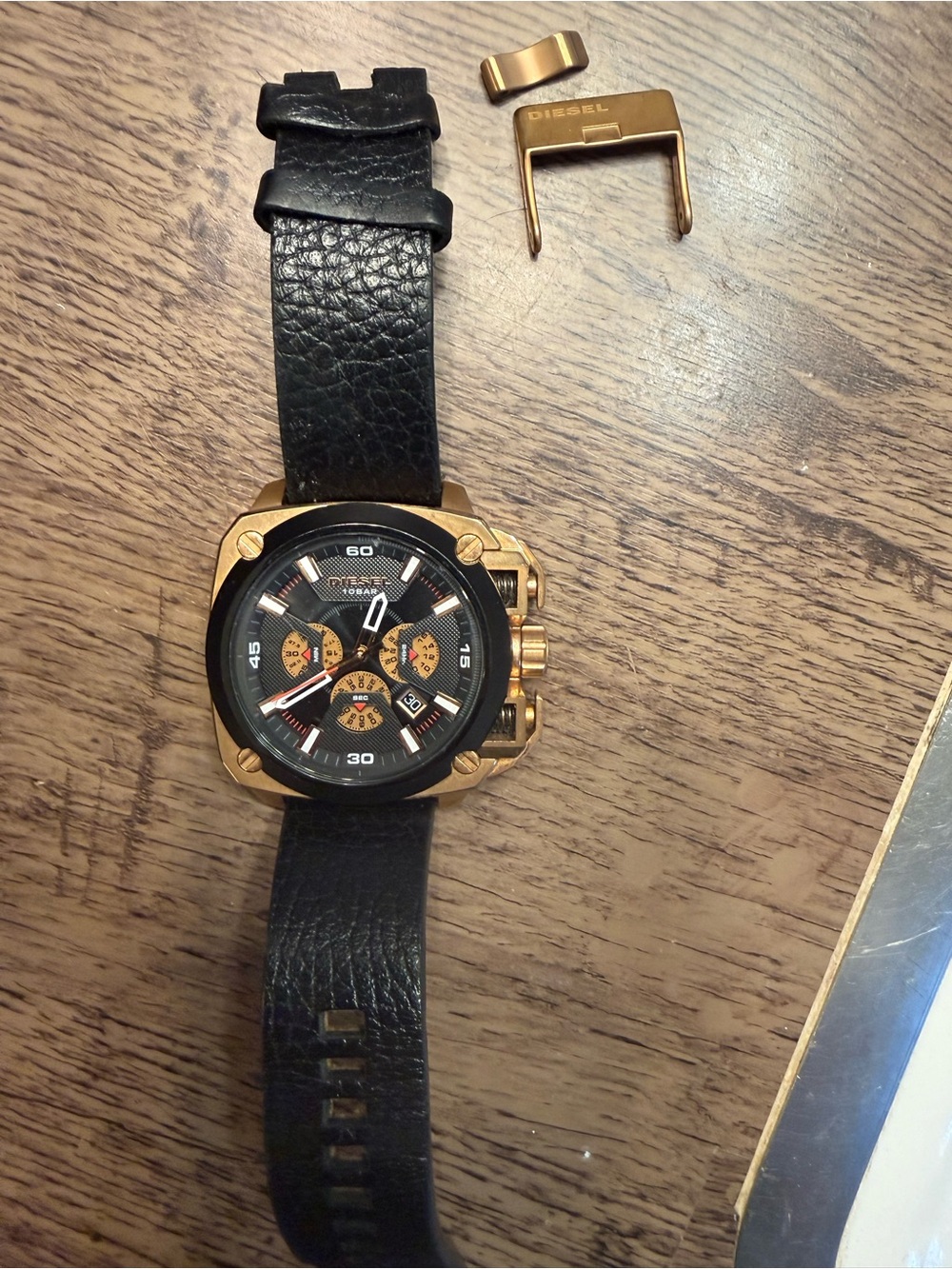 Diesel Black Leather Strap Watch with Gold Case and Black Dial